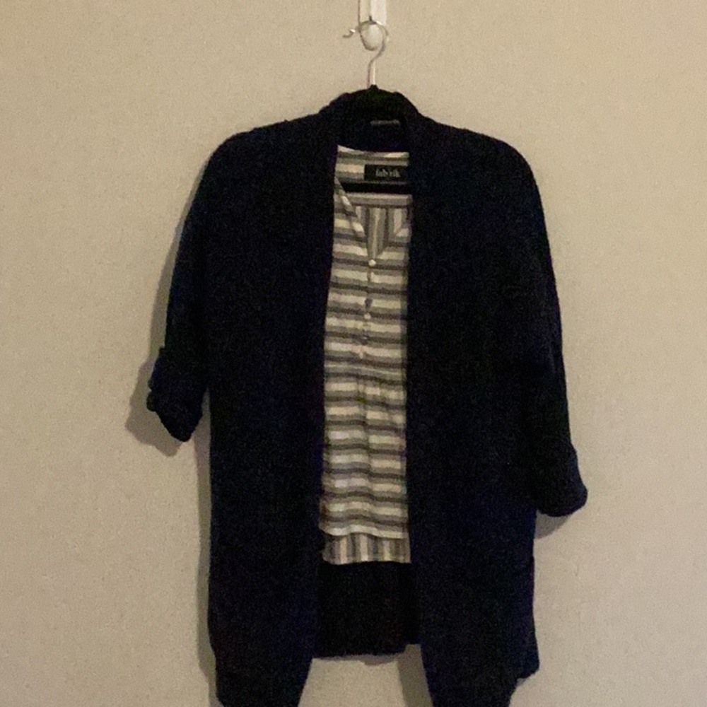 Eileen Fisher sweater 2 pocket dark blue long sleeve med gently worn comfy cozy - Picture 1 of 7
